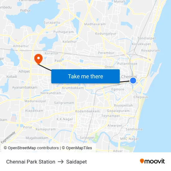Chennai Park Station to Saidapet map