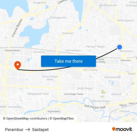Perambur to Saidapet map