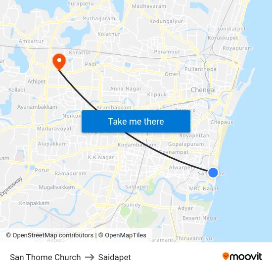 San Thome Church to Saidapet map