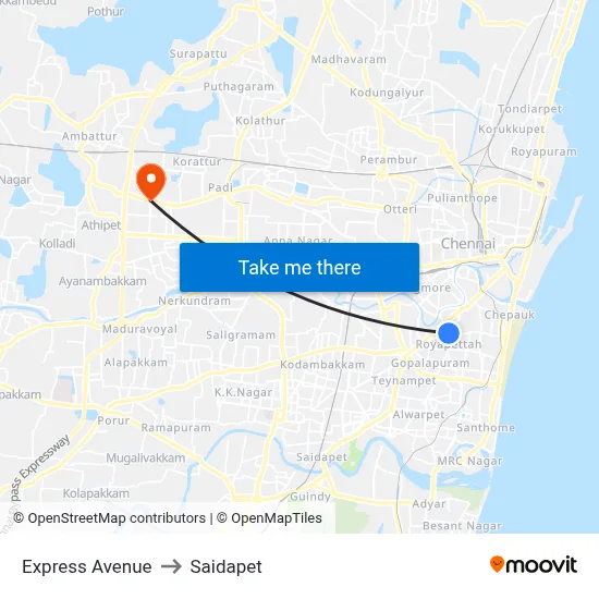 Express Avenue to Saidapet map