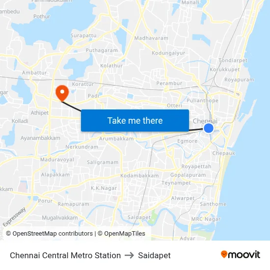 Chennai Central Metro Station to Saidapet map