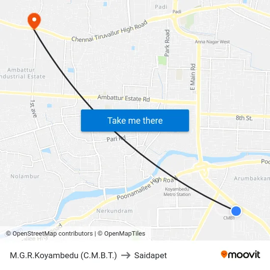 M.G.R.Koyambedu (C.M.B.T.) to Saidapet map