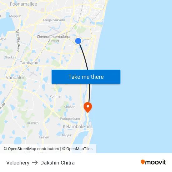 Velachery to Dakshin Chitra map