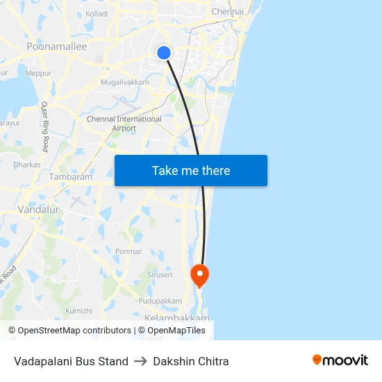 Vadapalani Bus Stand to Dakshin Chitra map