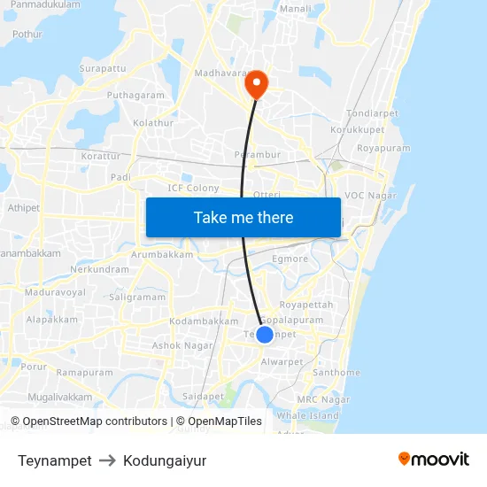 Teynampet to Kodungaiyur map