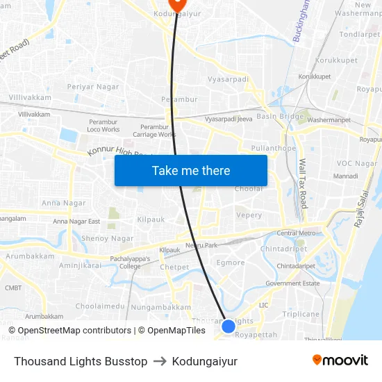 Thousand Lights Busstop to Kodungaiyur map