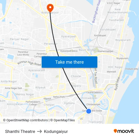 Shanthi Theatre to Kodungaiyur map