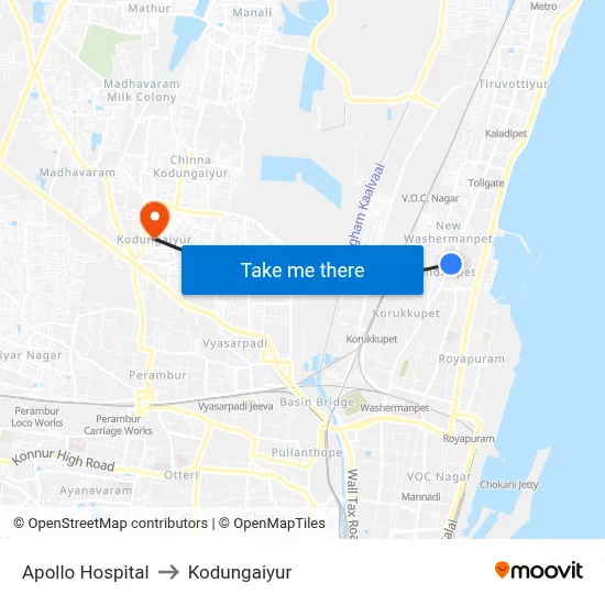 Apollo Hospital to Kodungaiyur map