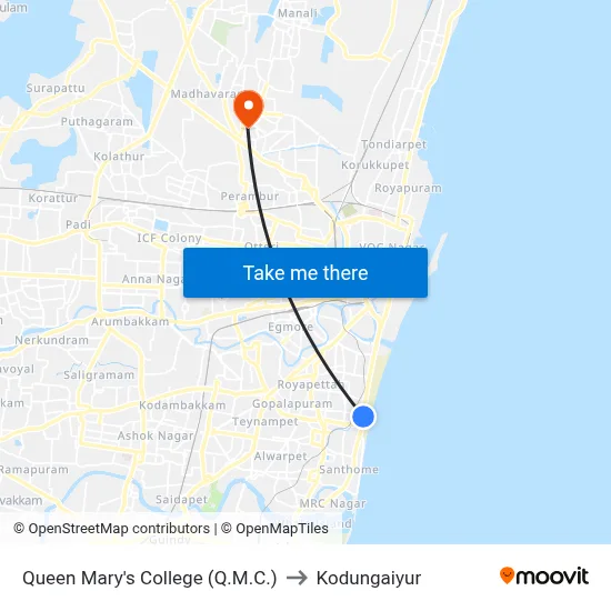 Queen Mary's College (Q.M.C.) to Kodungaiyur map