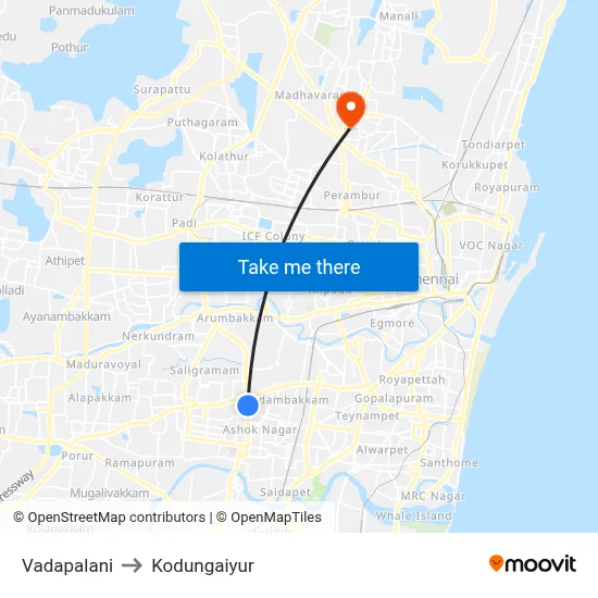 Vadapalani to Kodungaiyur map