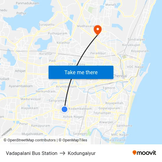 Vadapalani Bus Station to Kodungaiyur map