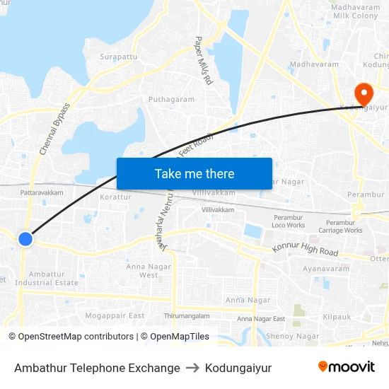 Ambathur Telephone Exchange to Kodungaiyur map