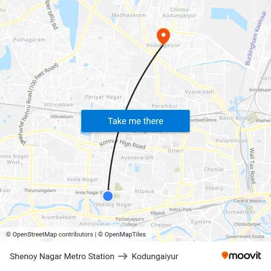 Shenoy Nagar Metro Station to Kodungaiyur map