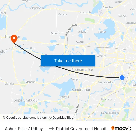 Ashok Pillar / Udhayam Theatre to District Government Hospital - Tiruvallur map