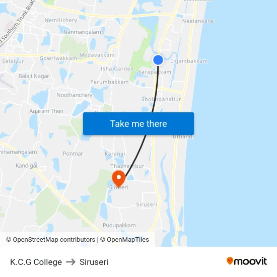 K.C.G College to Siruseri map
