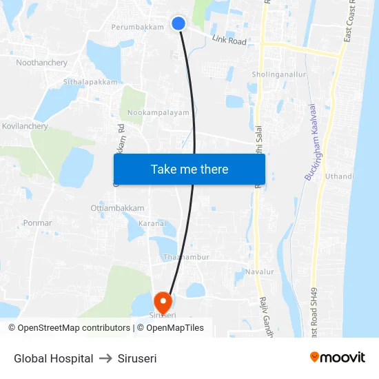 Global Hospital to Siruseri map