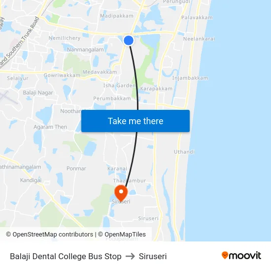Balaji Dental College Bus Stop to Siruseri map