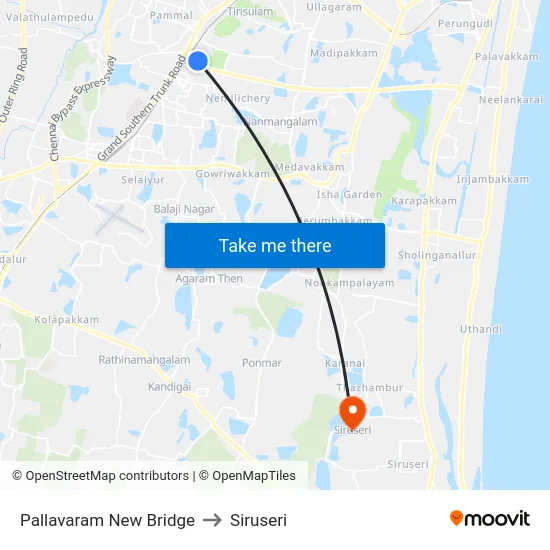 Pallavaram New Bridge to Siruseri map