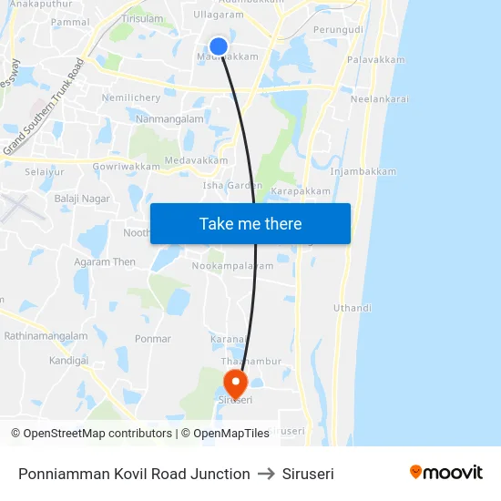 Ponniamman Kovil Road Junction to Siruseri map