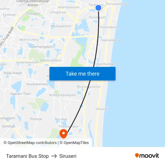Taramani Bus Stop to Siruseri map