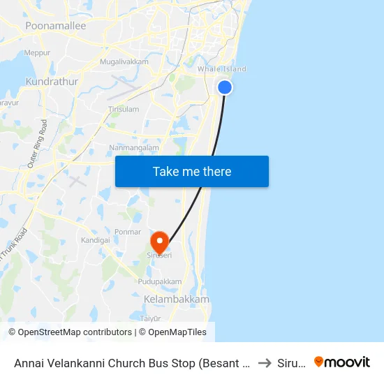 Annai Velankanni Church Bus Stop (Besant Nagar Church) to Siruseri map