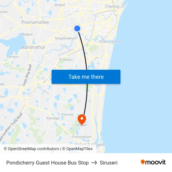 Pondicherry Guest House Bus Stop to Siruseri map