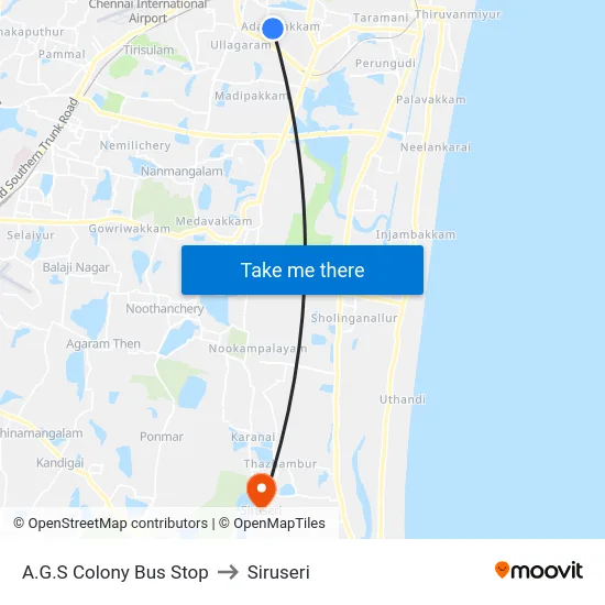 A.G.S Colony Bus Stop to Siruseri map