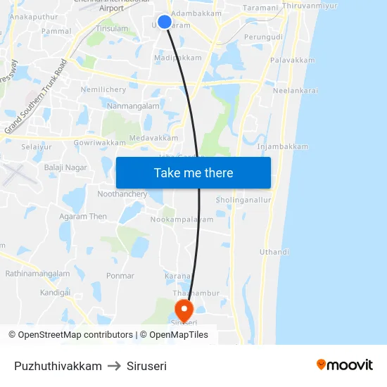 Puzhuthivakkam to Siruseri map