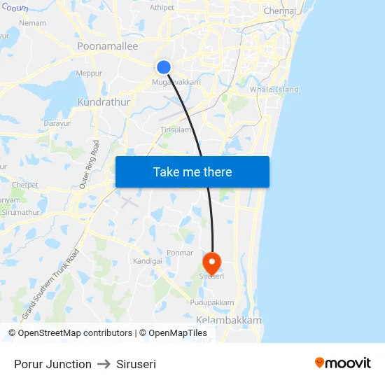 Porur Junction to Siruseri map