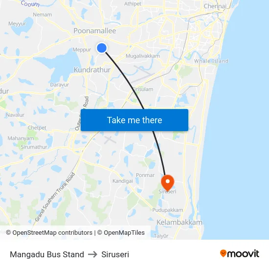 Mangadu Bus Stand to Siruseri map