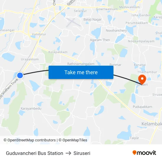 Guduvancheri Bus Station to Siruseri map