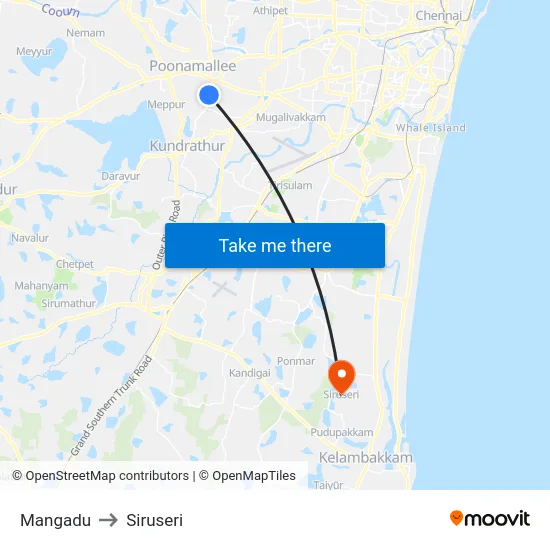 Mangadu to Siruseri map