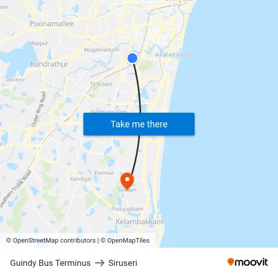 Guindy Bus Terminus to Siruseri map