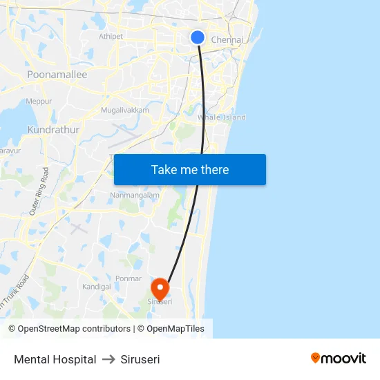 Mental Hospital to Siruseri map