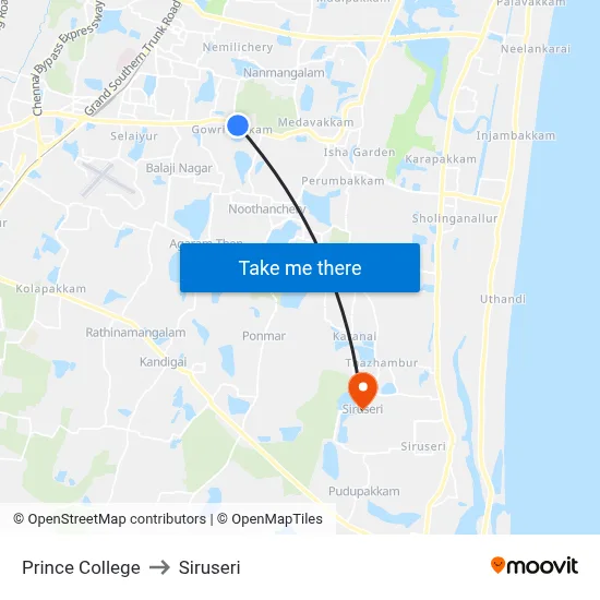 Prince College to Siruseri map
