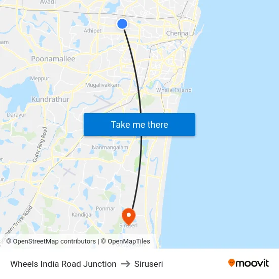 Wheels India Road Junction to Siruseri map