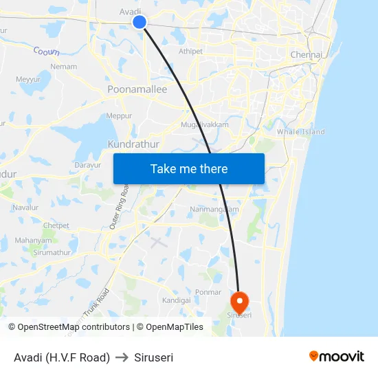 Avadi (H.V.F Road) to Siruseri map