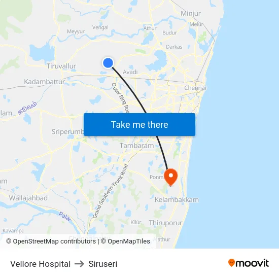Vellore Hospital to Siruseri map