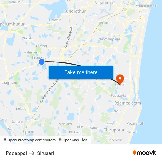 Padappai to Siruseri map