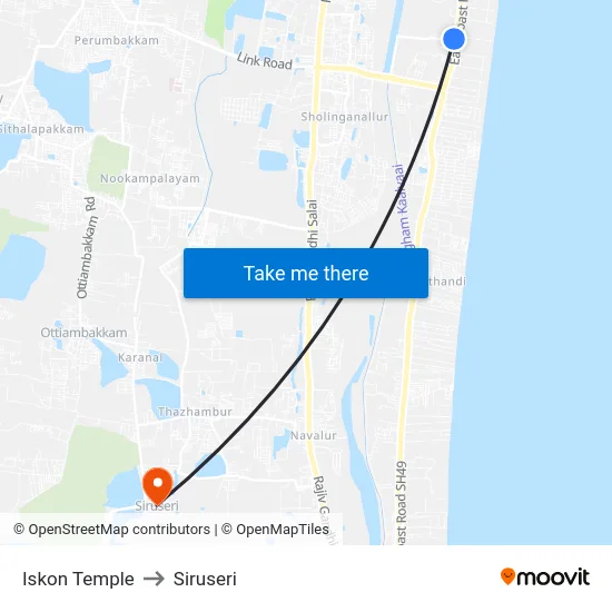 Iskon Temple to Siruseri map