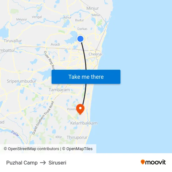 Puzhal Camp to Siruseri map