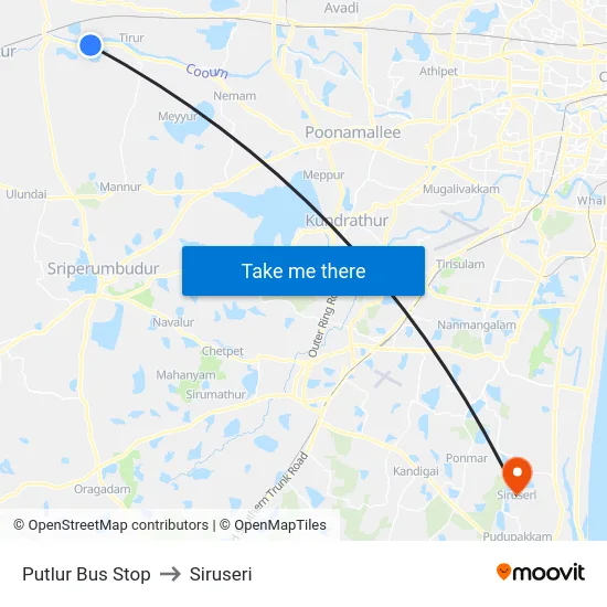 Putlur Bus Stop to Siruseri map
