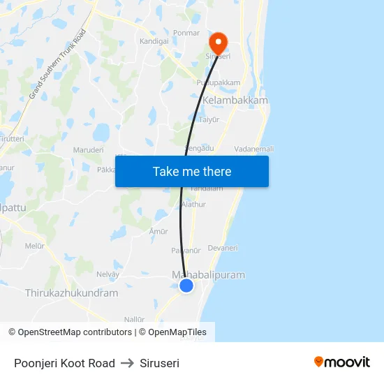 Poonjeri Koot Road to Siruseri map