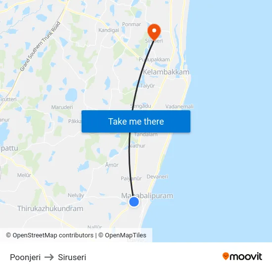 Poonjeri to Siruseri map