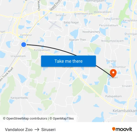 Vandaloor Zoo to Siruseri map