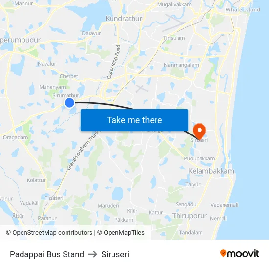 Padappai Bus Stand to Siruseri map