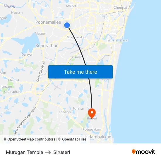 Murugan Temple to Siruseri map