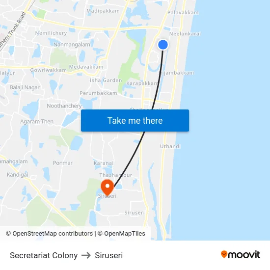 Secretariat Colony to Siruseri map