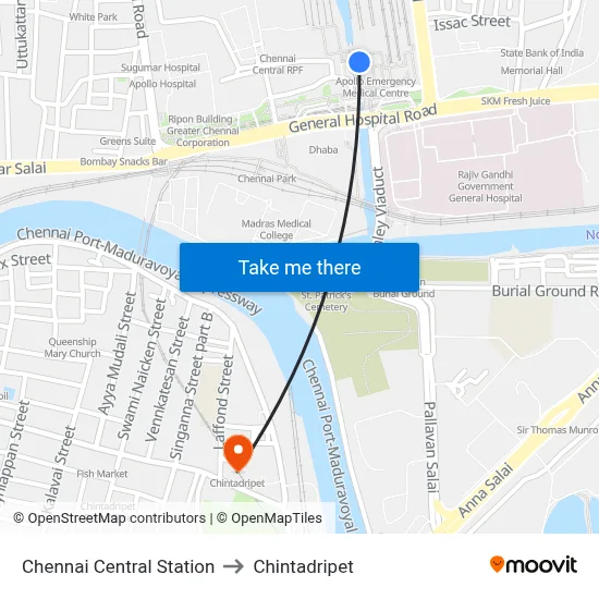Chennai Central Station to Chintadripet map