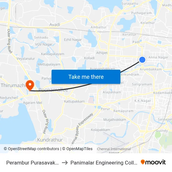 पेरम्बुर पुरासावकम to पनिमलर इंजीनियरिंग कॉलेज map